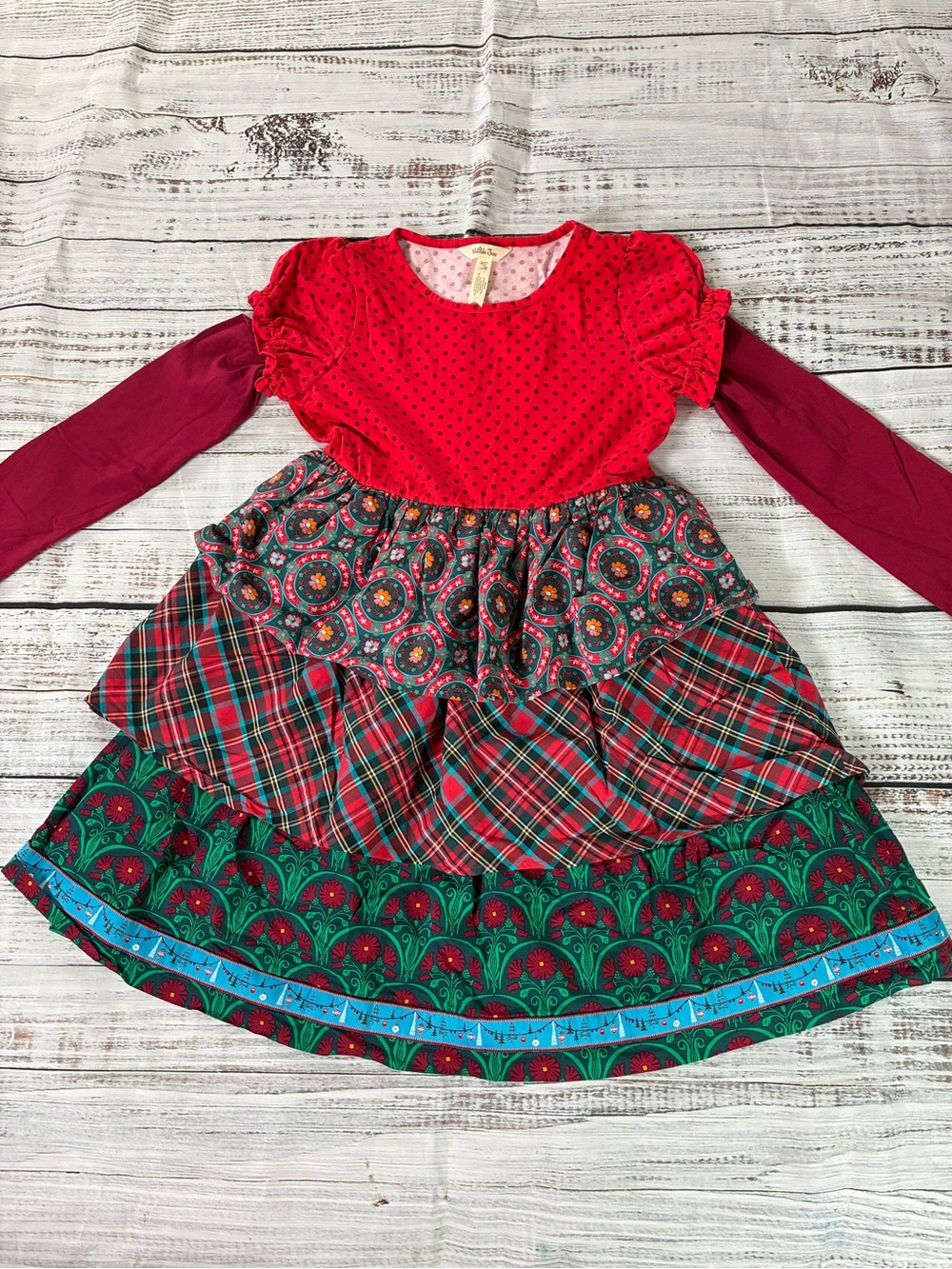 Matilda Jane Jolly Holiday Dress Size 12 Scroll Motif Polka Dot Floral Plaid